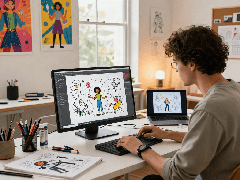 Digital artist creating vibrant characters with 18+ ai tools in a bright, modern studio.