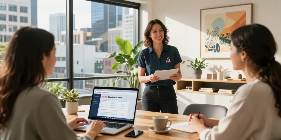 Dynamic scene of Airbnb management in Melbourne with a host and urban apartment.