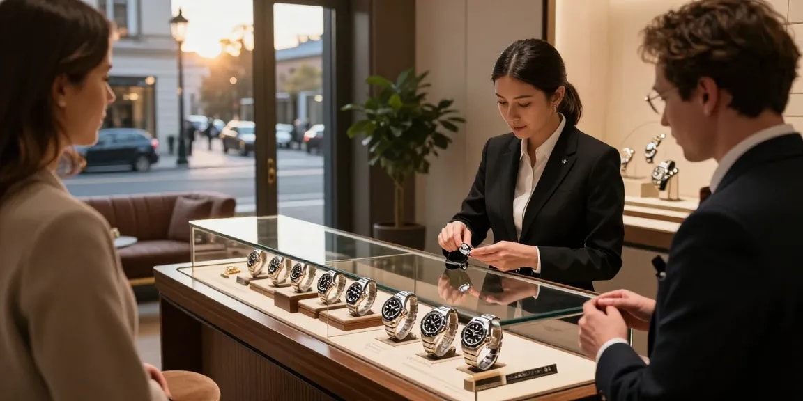 Showcase of Rolex super clone watches in a luxury retail setting, highlighting craftsmanship and elegance.
