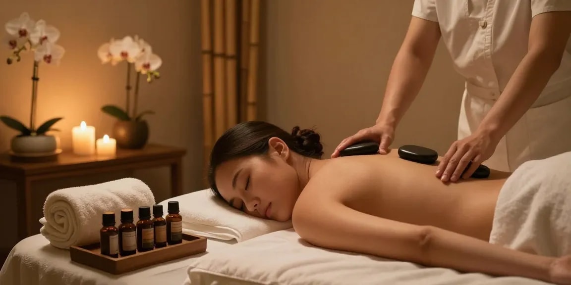 Rejuvenating hot stone massage at TRANG CHỦ ALO8, soothing spa treatment.