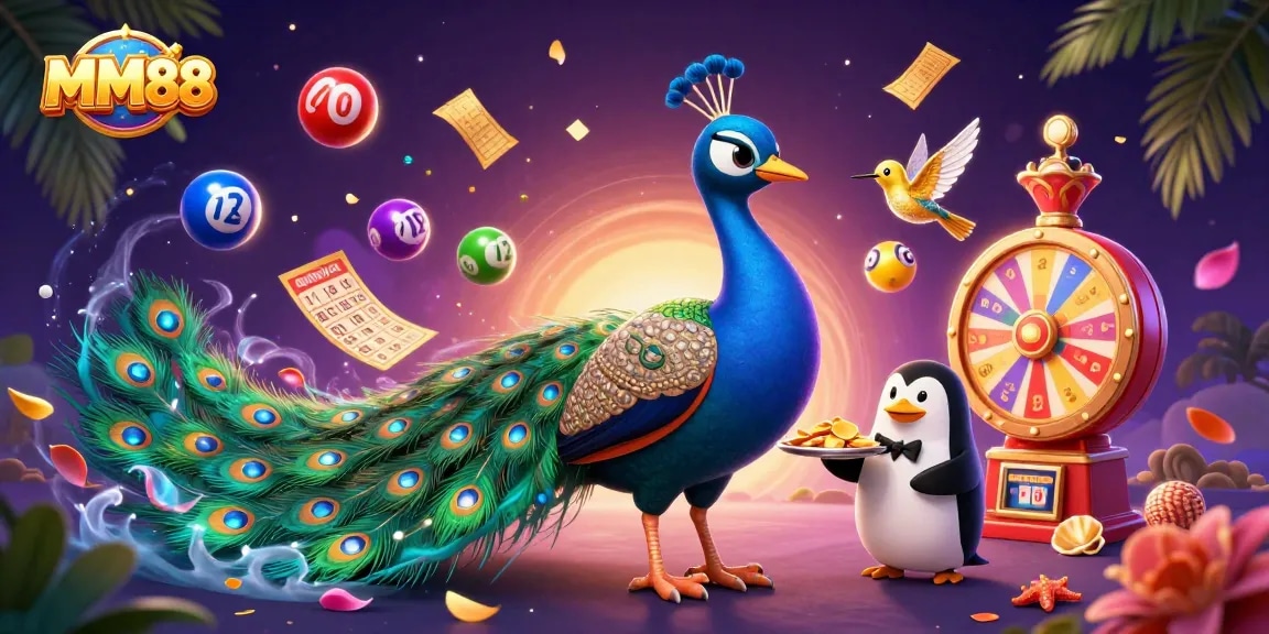 Experience exciting wins at MM88 with vibrant games, peacock, and gold chips in a lively casino scene.