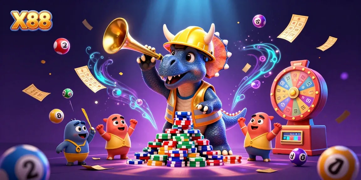 X88 engages players with a vibrant scene depicting a cartoon triceratops building poker chips, celebrating gambling.