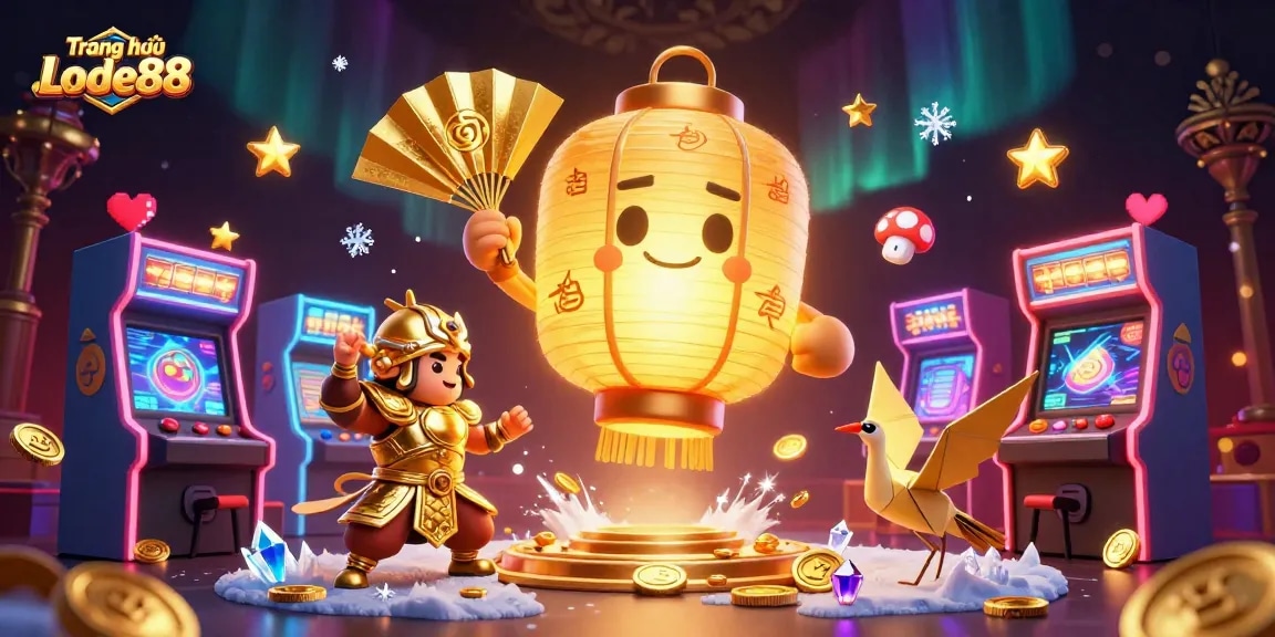 Engage with the dynamic Trang chủ Lode88 scene featuring a radiant golden lantern spirit and casino elements.