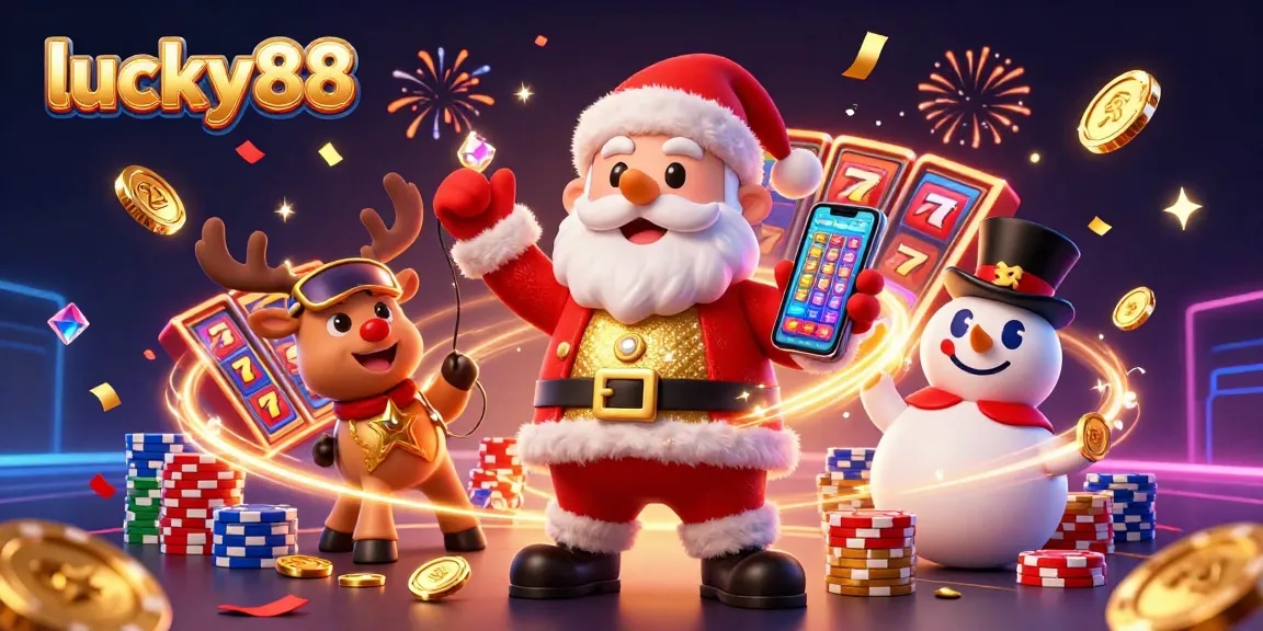 Experience the excitement of lucky88 with vibrant slot reels, festive characters, and dynamic elements in a casino scene.