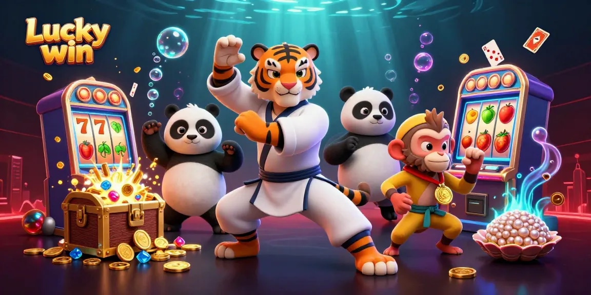Engage with Lucky win's exciting atmosphere featuring dynamic casino elements and characters