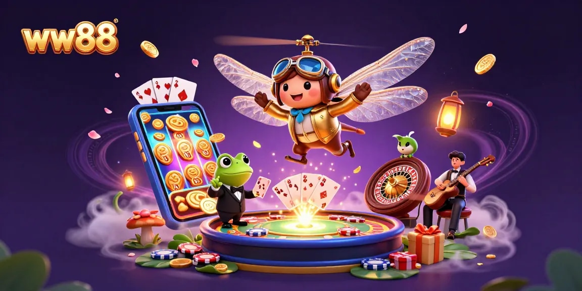 Engage with ww88 gaming excitement featuring a whimsical dragonfly pilot and frog croupier in action.