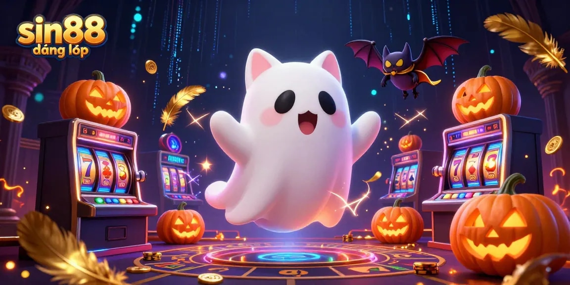 Experience sin88 đăng nhập with a playful ghost cat and vibrant casino elements.