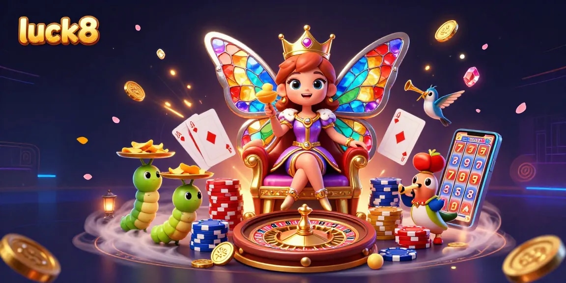 Experience luck8 with a vibrant 3D casino scene featuring royal flush cards and golden casino chips.