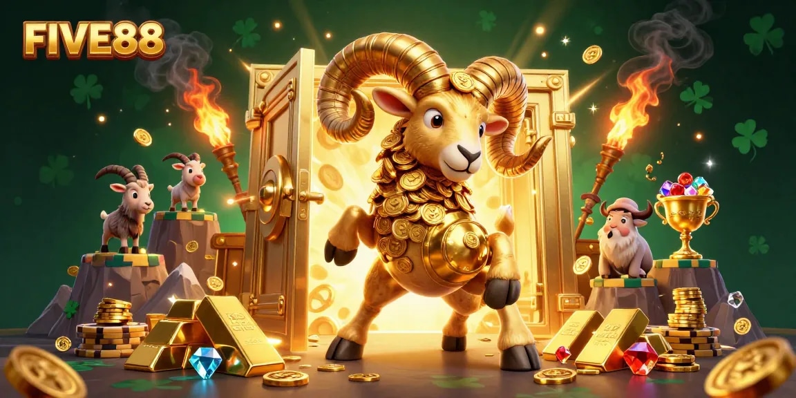 FIVE88 showcases an epic 3D casino scene with a golden ram charging through a treasure vault.
