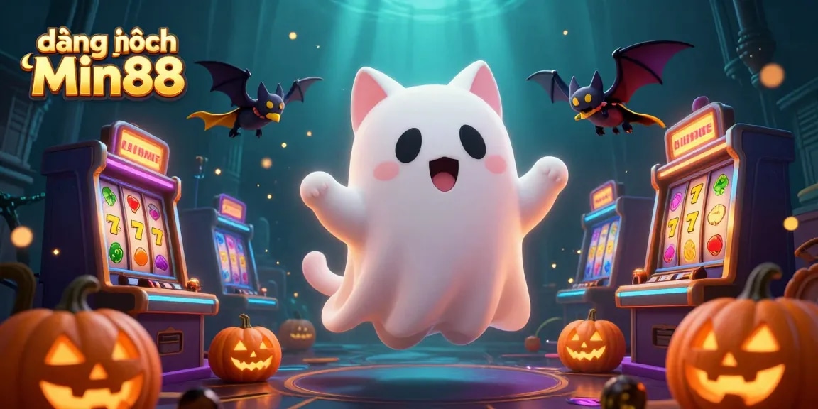 Engage with đăng nhập Min88 for thrilling online gaming with a ghost cat and vibrant casino atmosphere.