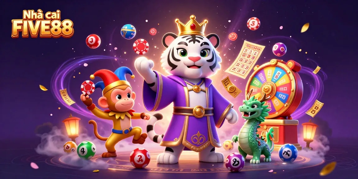 Experience the thrill of betting at Nhà cái FIVE88 with vibrant symbols and characters in a lively casino setting.