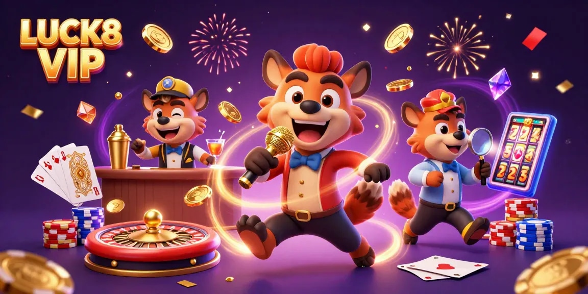 Engage with LUCK8 VIP at the vibrant comedy casino club, featuring bustling hyenas and dynamic gaming.