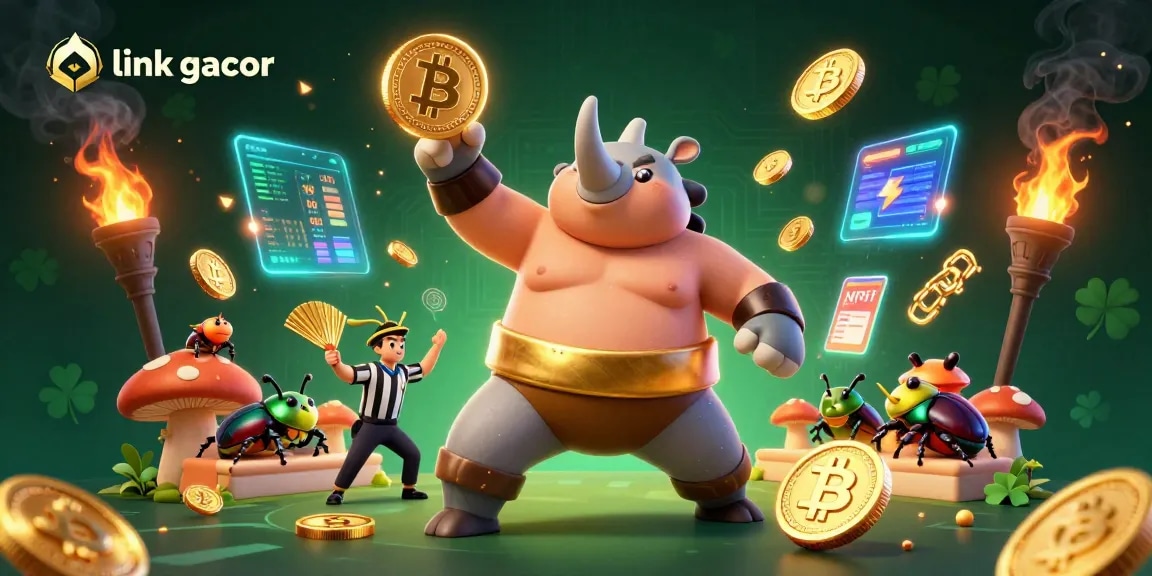 Spin to win with link gacor, featuring a rhinoceros beetle champion amid flying coins and crypto elements.