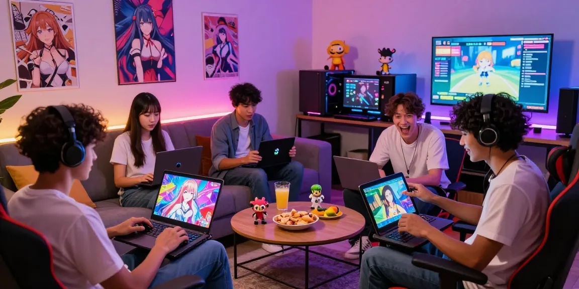 Engaging gamers enjoying ecchigames in a vibrant lounge setting with multiple devices.