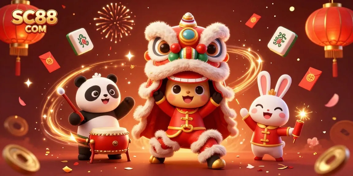 Experience thrilling gaming with SC88 COM, showcasing vibrant casino elements and characters celebrating together.