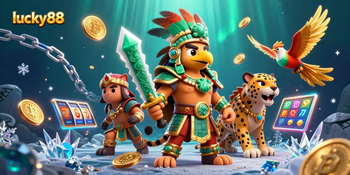 Experience lucky88's vibrant gaming world with festive characters, coins, and slots.