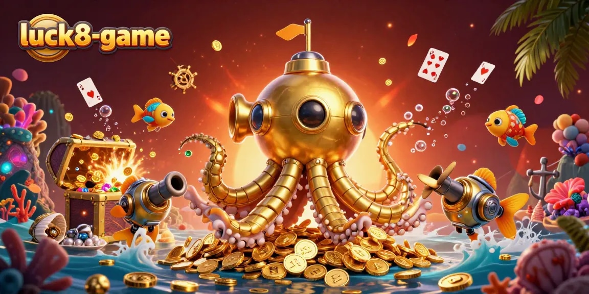 Experience excitement at luck8-game with a golden kraken submarine in a dynamic casino scene.