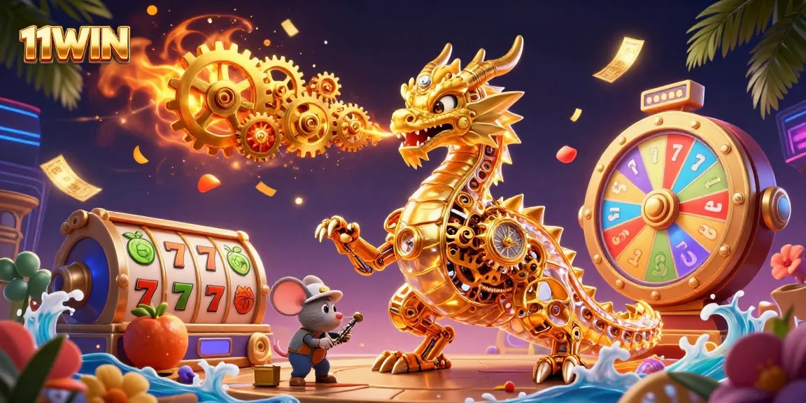 Engage with exhilarating slot games at 11WIN featuring a dynamic casino scene.