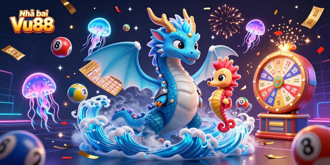 Experience the thrilling games at Nhà cái Vu88 with vibrant illustrations of lottery balls and festive elements.