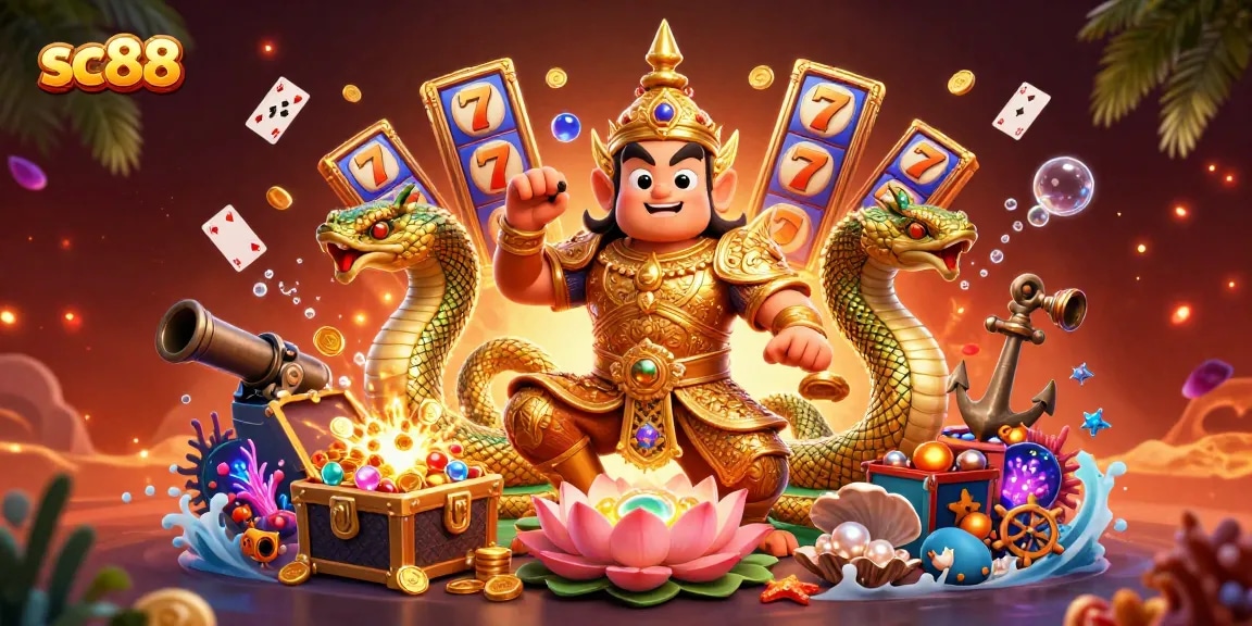 Engaging sc88 casino promotion with cartoon guardian, slot reels, and gems.