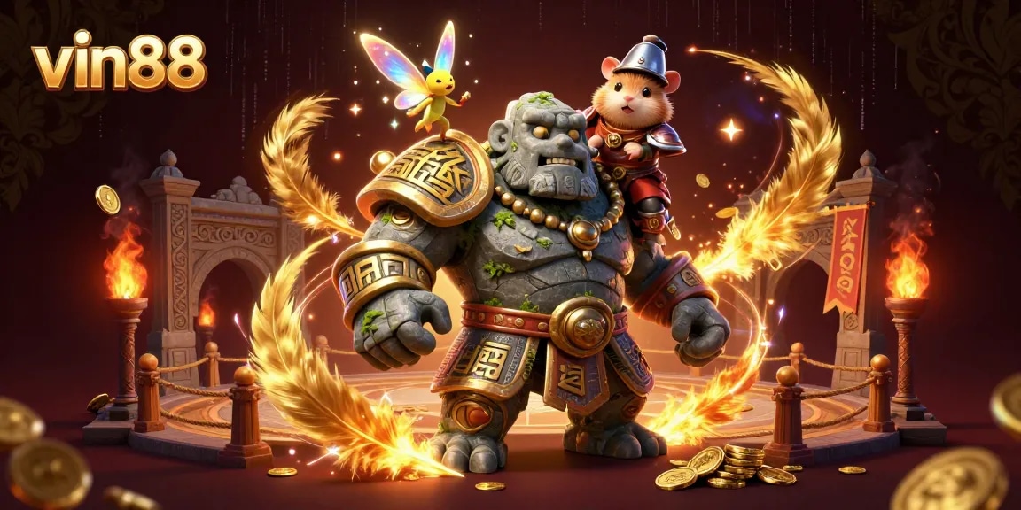 Experience the excitement of vin88 with a magical scene featuring a golem and fairy in an epic gambling arena.