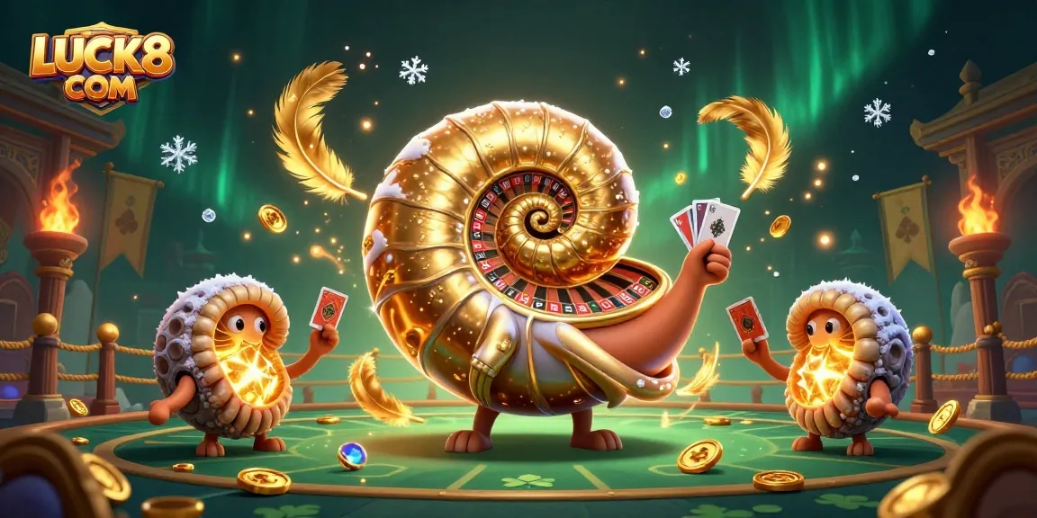 Experience excitement at LUCK8 COM with a vibrant online casino featuring a 3D nautilus roulette wheel and animated card hands.
