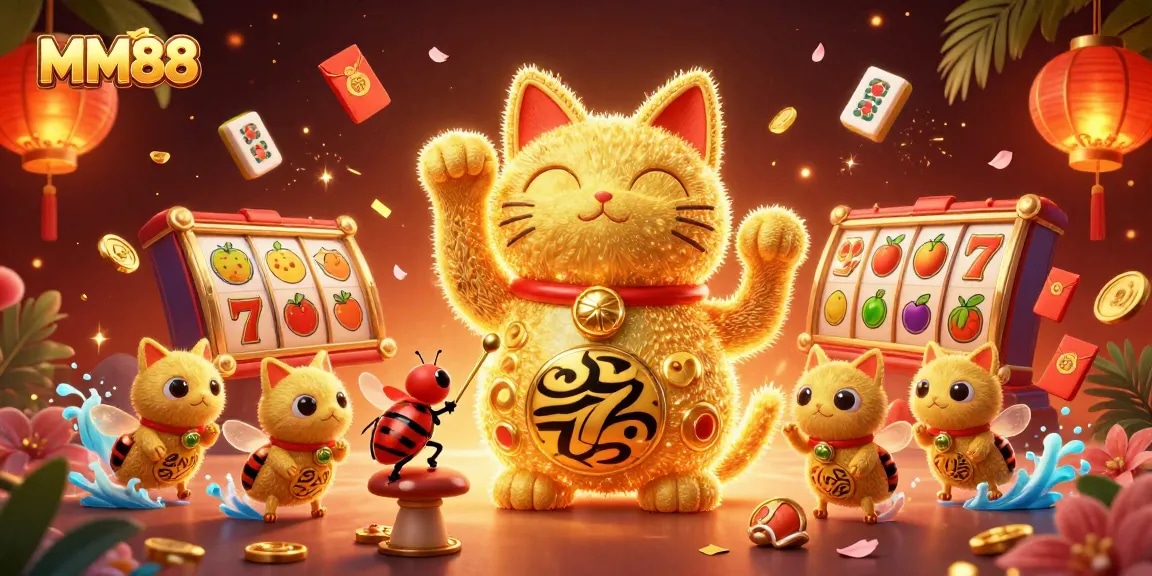 Win big at MM88 with a vibrant 3D illustration showcasing lucky gaming elements in a dynamic casino scene.