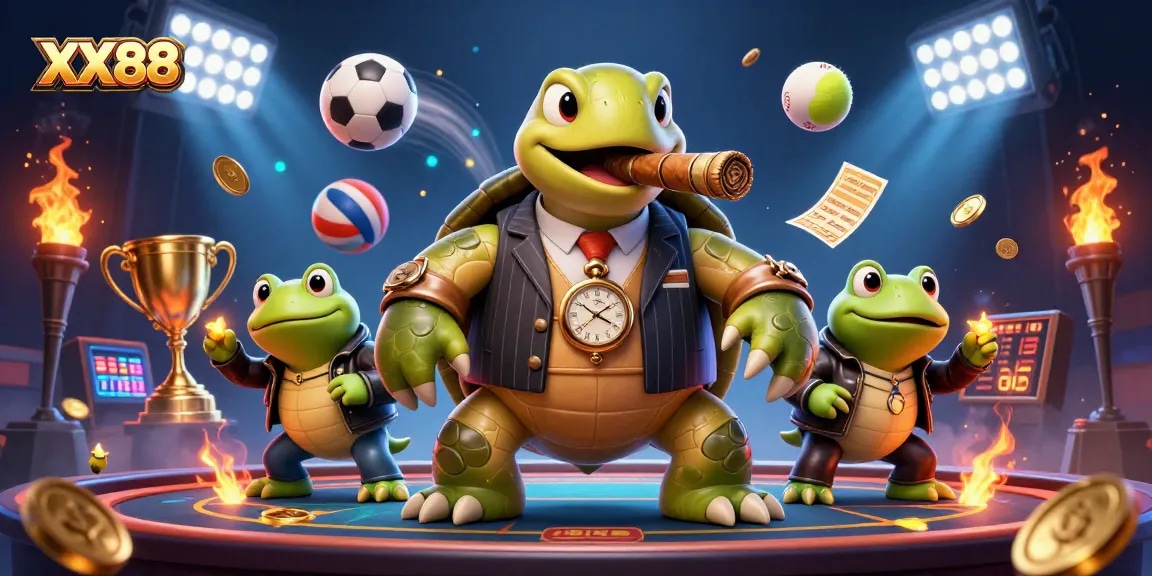 Experience the excitement of XX88 casino with a dynamic fight between a mobster turtle and bullfrog enforcers.