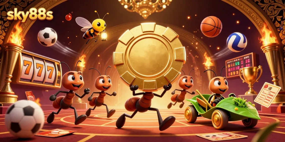 Engage with the thrilling world of sky88s as ants carry a giant poker chip in a dynamic casino illustration.