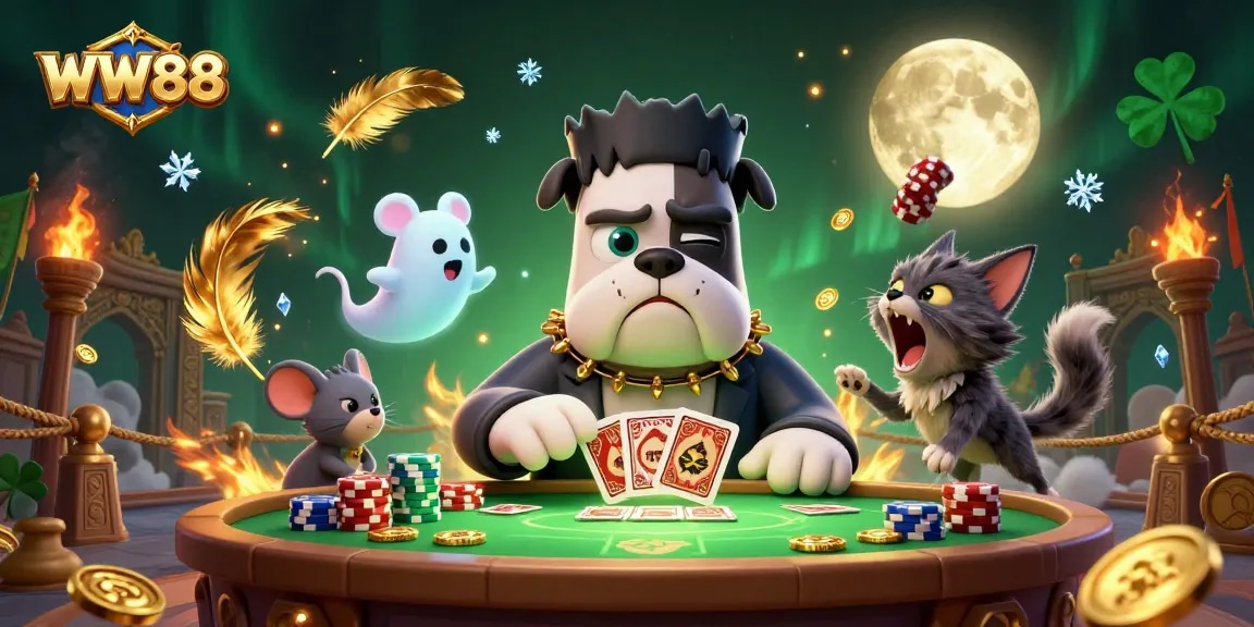 Deal cards and win big at WW88 with a spooky, vibrant 3D casino scene featuring animated characters.