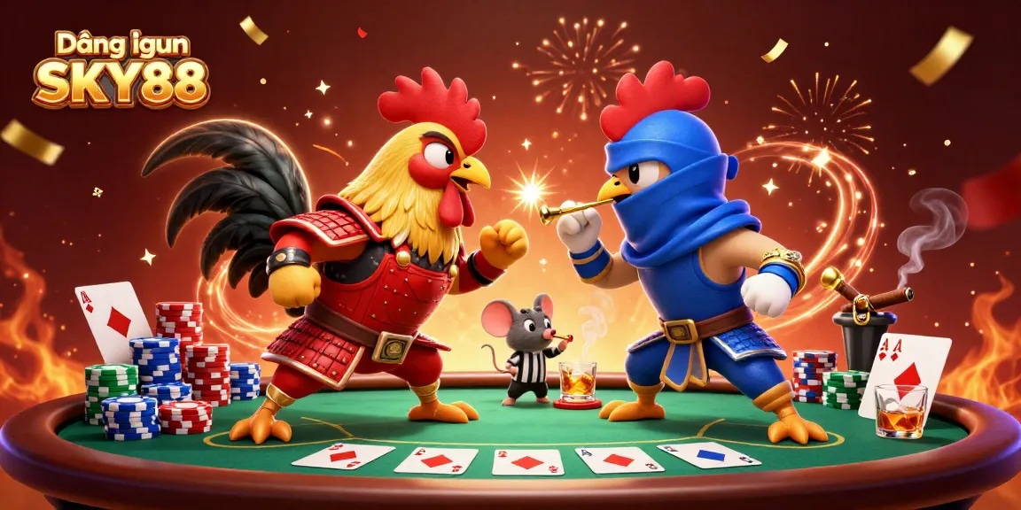 Experience exciting gaming with Đăng nhập SKY88 as cartoon roosters face off with vibrant casino elements.