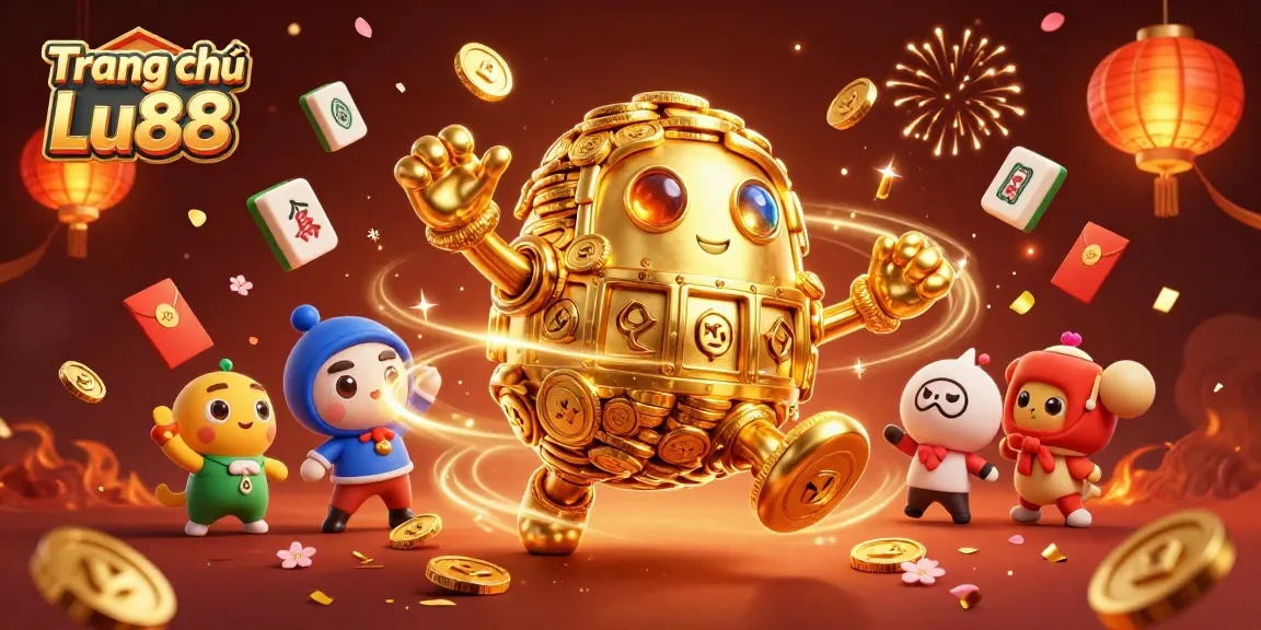 Spin and win with thrill at Trang chủ Lu88, featuring coin-filled golem and festive elements.