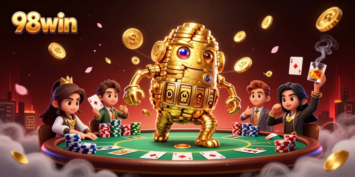 Experience unmatched excitement at 98win, showcasing a vibrant casino scene rich in poker and gaming elements.
