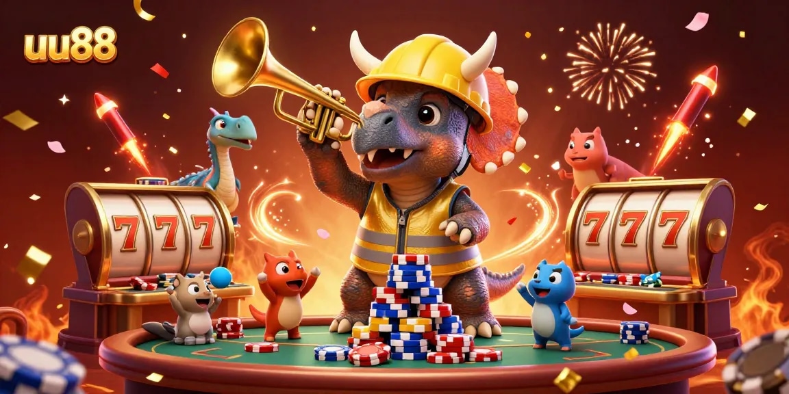 Celebrate winning strategies at uu88 with vibrant 3D casino characters building poker chip pyramids.