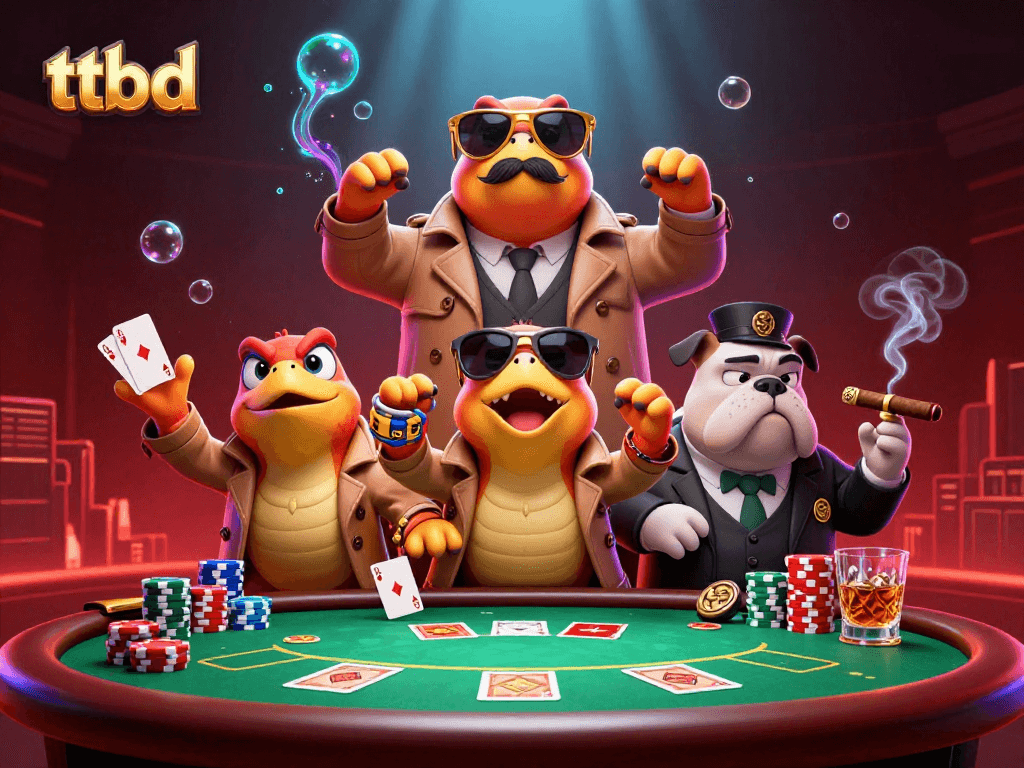 Experience thrilling poker games at ttbd with raptors in a trench coat entering a VIP casino.