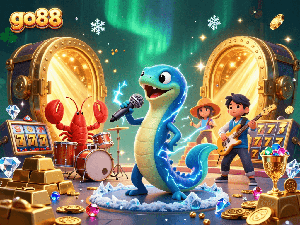 Go88 spins with excitement as a DJ electric eel rocks an underwater casino stage.