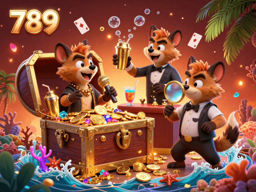 Engaging 789 casino scene with cartoon hyenas in a comedy club ambiance, surrounded by treasure and vibrant decor.