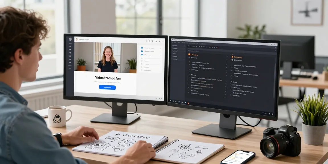 Video to prompt converter workspace with dual monitors displaying video upload and AI prompt outputs, capturing creative digital interaction.