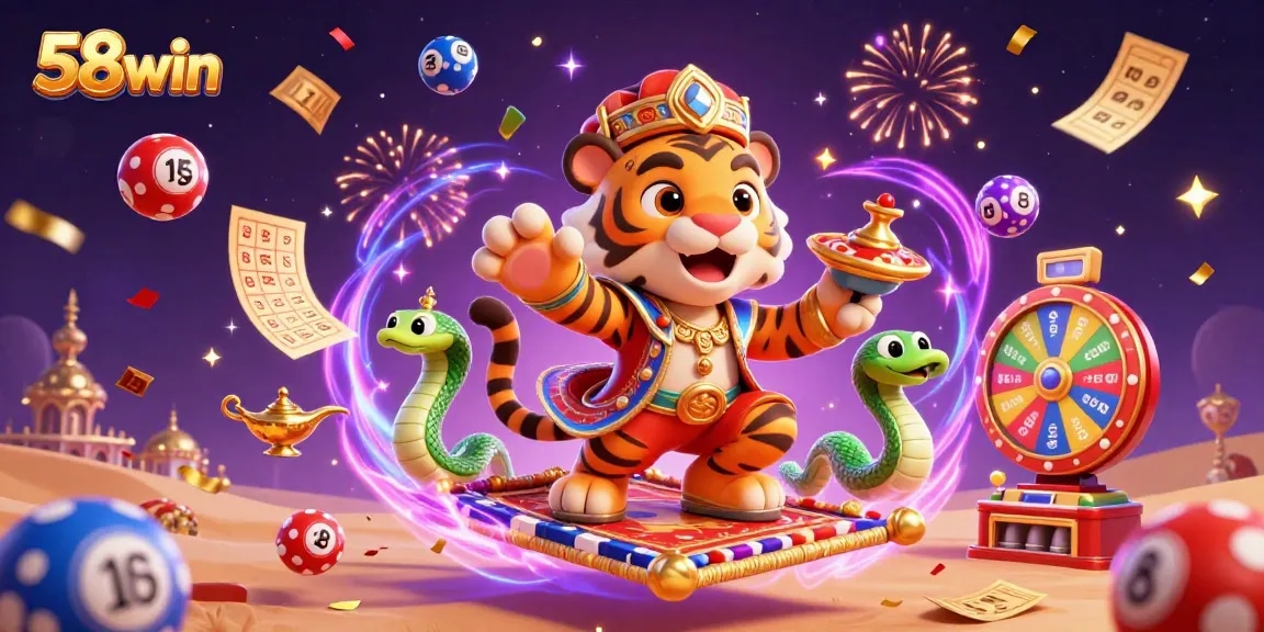 Experience vibrant gaming with 58win’s energetic illustration featuring lottery balls, prizes, and a magical atmosphere.