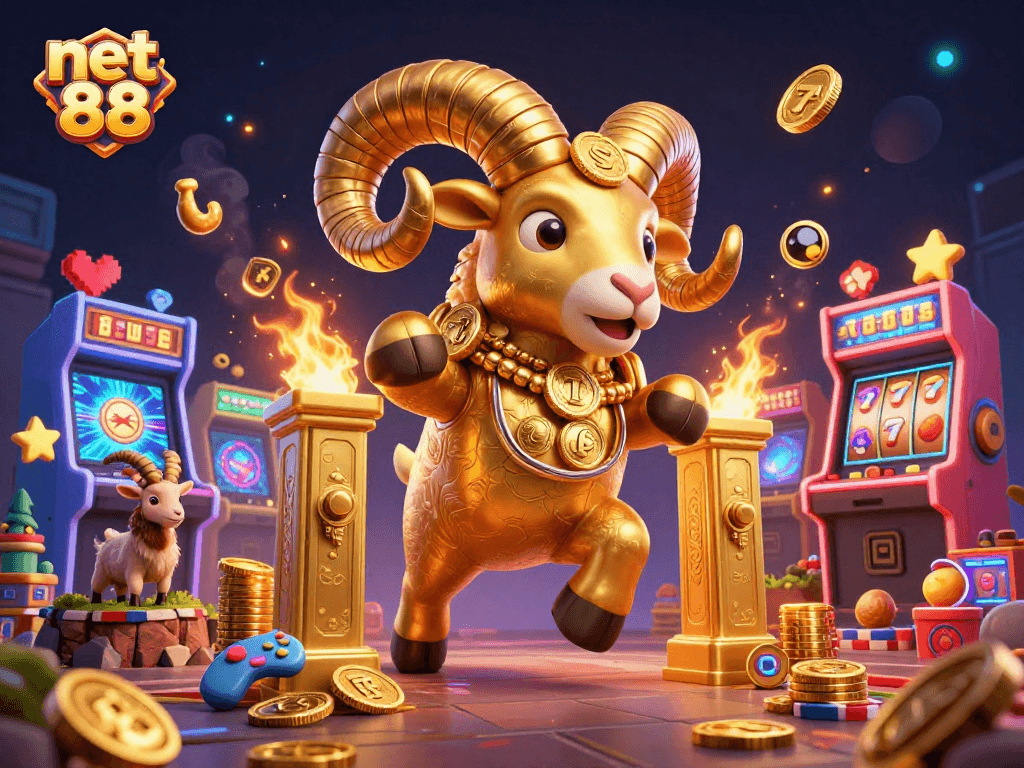 Experience exciting net 88 gaming with a golden ram charging surrounded by vibrant slot machine elements.