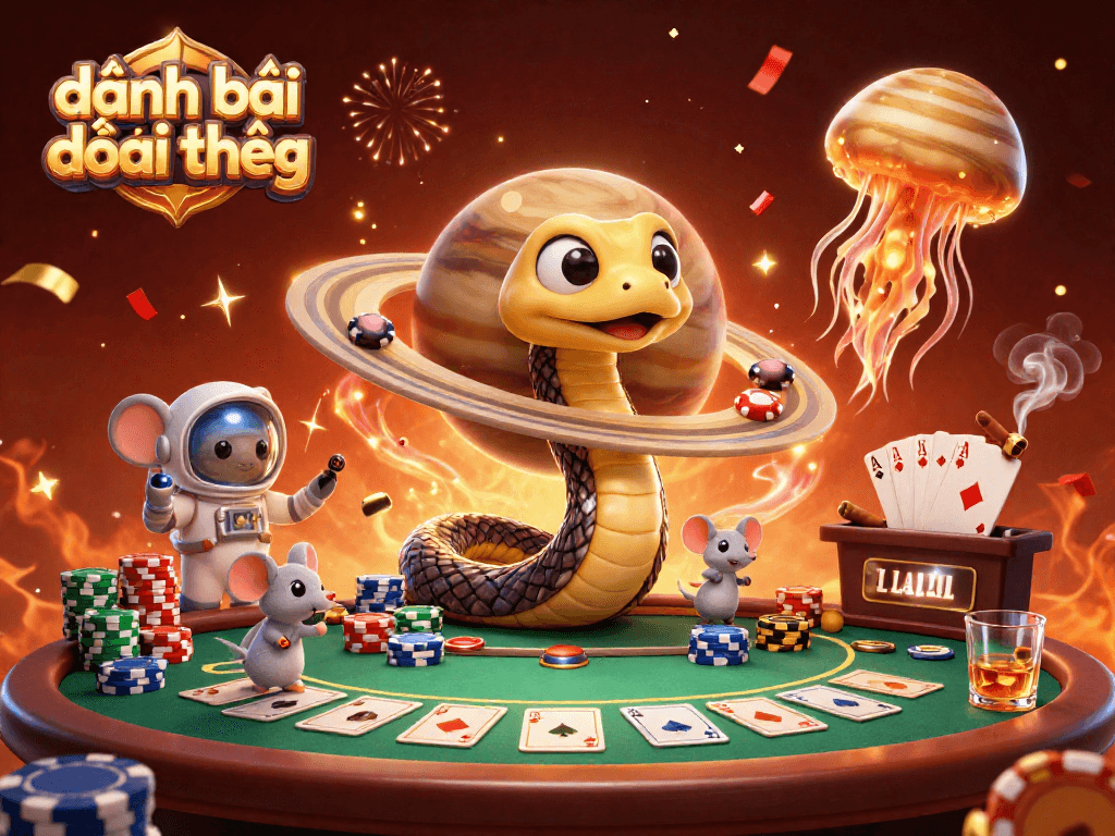 Engage in thrilling đánh bài đổi thưởng with cosmic elements amidst vibrant casino scenes.