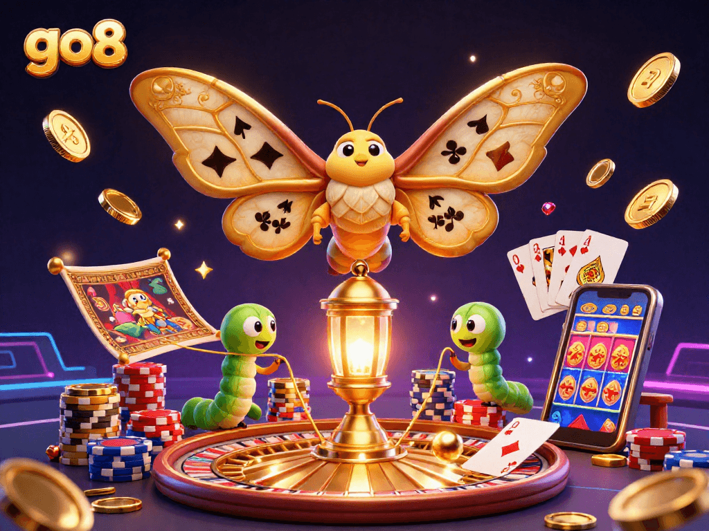 Win big with go8 in this vibrant scene featuring a 3D moth among casino symbols.