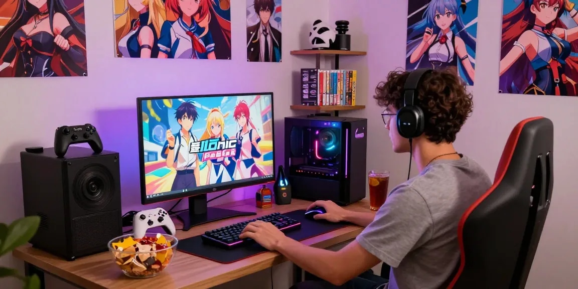 Enthusiastic gamer immersed in an ecchi game amid colorful gaming decor and vibrant lighting.