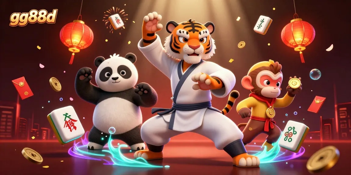 Win big with gg88d's vibrant casino scene featuring a kung fu tiger master and playful characters.
