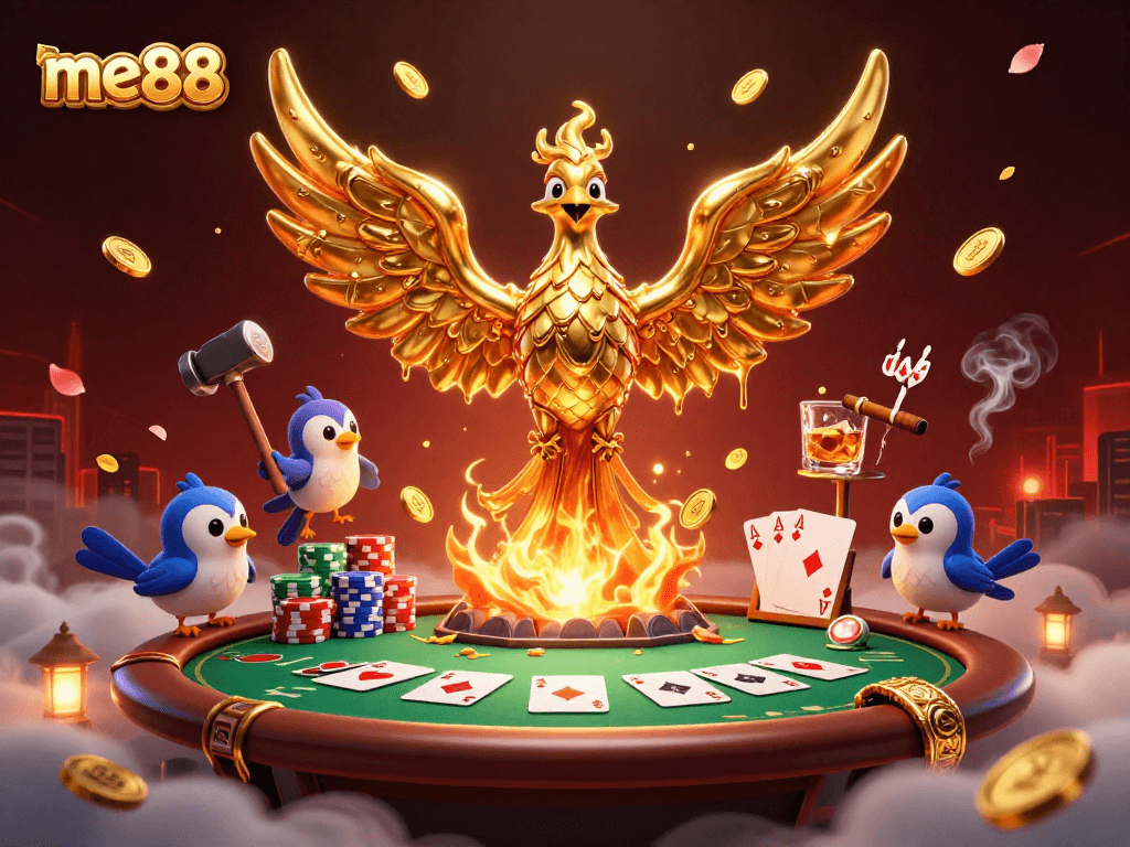 Experience thrilling wins at me88 with stunning illustrations of a molten phoenix and dynamic poker gameplay.