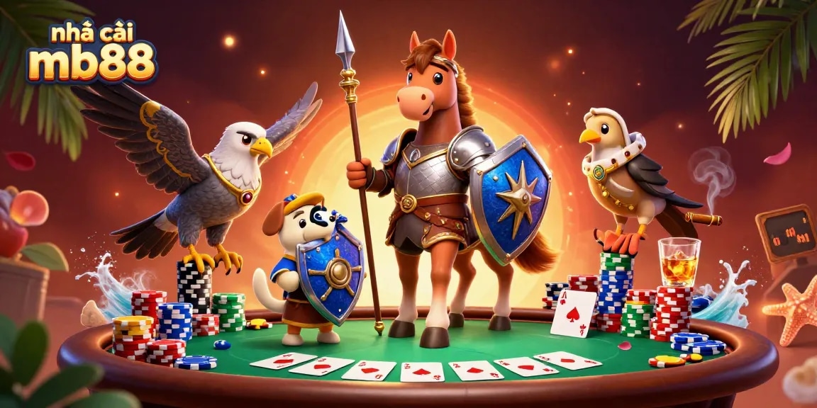 Chơi poker đỉnh cao tại nhà cái mb88 với hiệp sĩ và thú cưng trong không gian sống động.