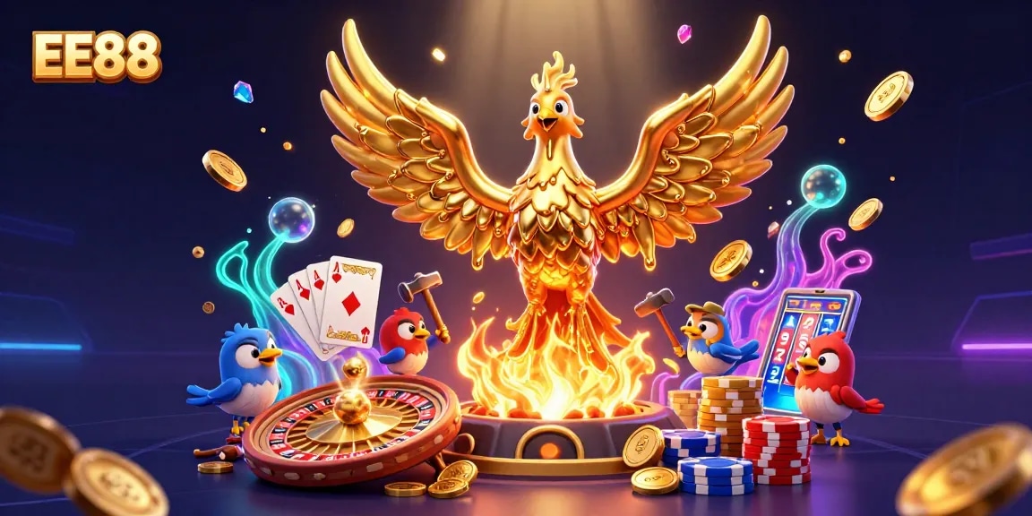 EE88 offers thrilling gaming experiences with golden phoenix, coins, and vivid casino elements.