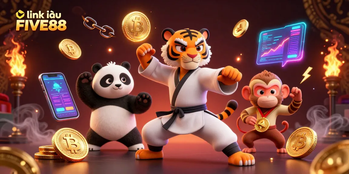 Engaging illustration showing link vào FIVE88 with a kung fu tiger master and playful panda, attracting gamblers.