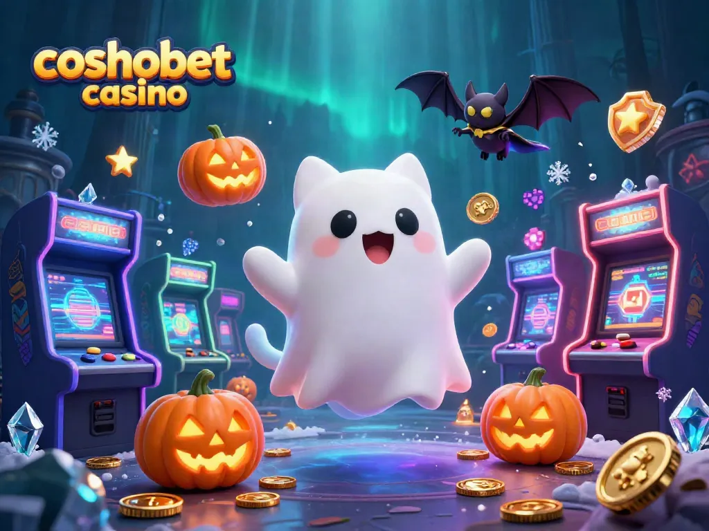 Engage with vibrant gameplay at cosmobet casino featuring a ghost cat, arcade machines, and slot treasures.