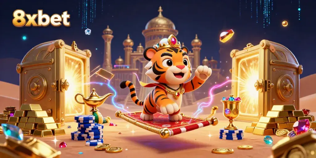 Experience the magic of 8xbet with a vibrant tiger sultan and treasures in a spectacular casino scene.